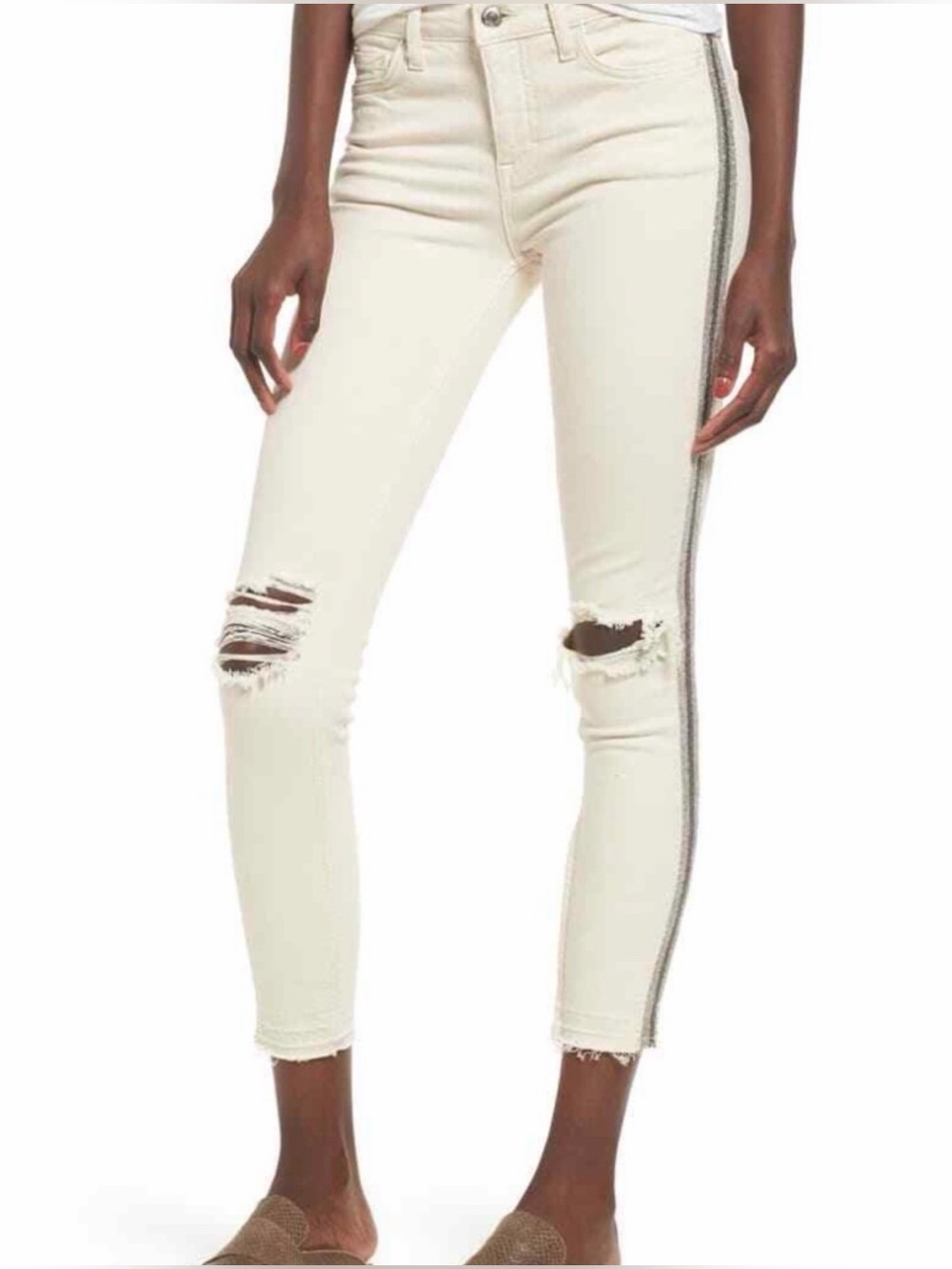 Free People Women’s Cream Distressed Embellished Side Stripe Skinny Jeans, Sz 29
